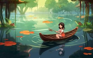 湖泊划船女孩山水风景背景