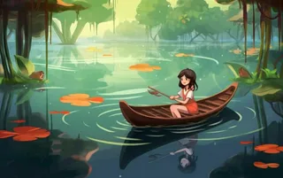 湖泊划船女孩山水风景背景