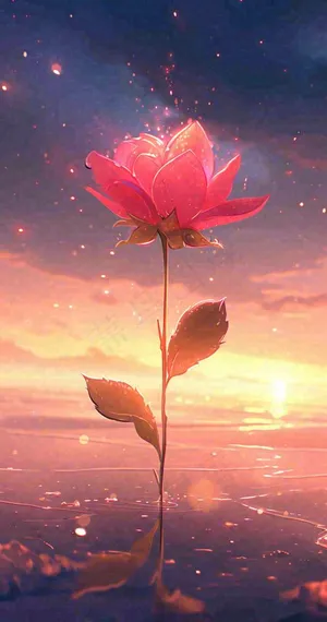 海平面上渐变落日前的一支粉色玫瑰花鲜花花朵，鲜艳爱情