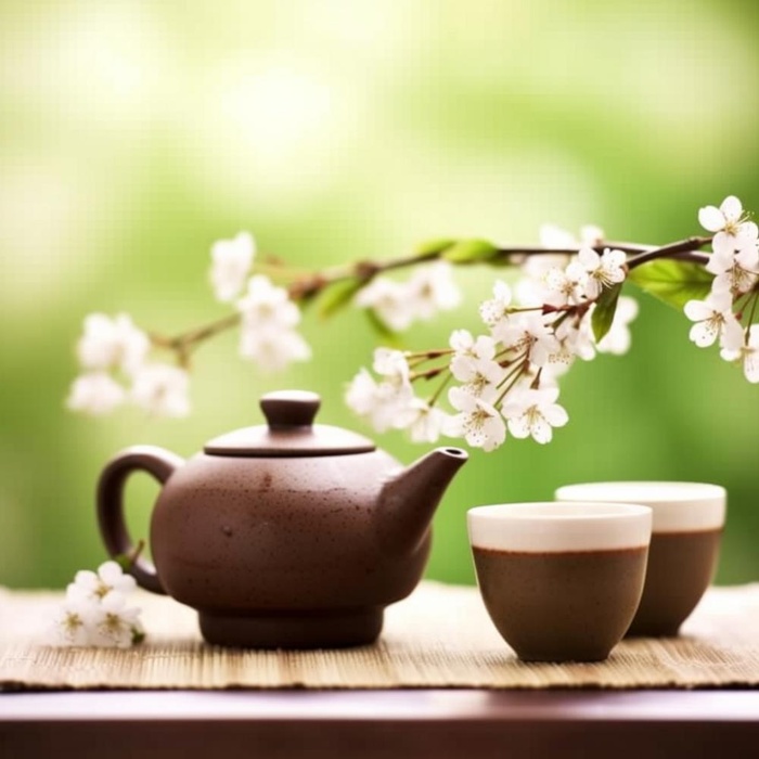 茶壶杯子梨花绿色背景(1024x1024)