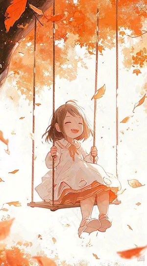 秋天秋叶少女儿童荡秋千玩耍，可爱手绘插画