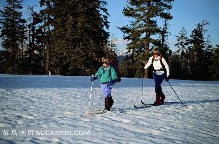 在山林中滑雪的大人跟小孩