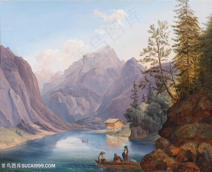 唯美湖畔山脉高清油画