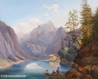 唯美湖畔山脉高清油画