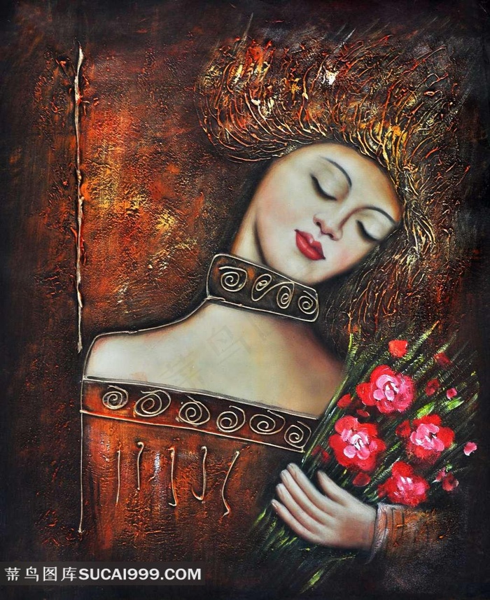 捧花的少女重彩装饰画