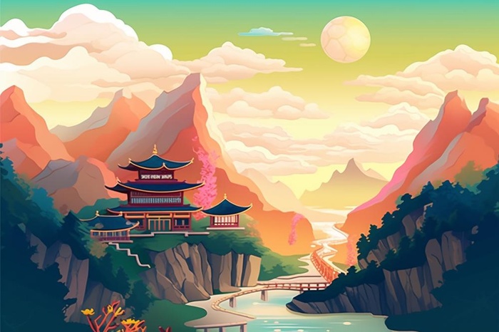国潮夏日清新荷花建筑插画背景(1344x896)