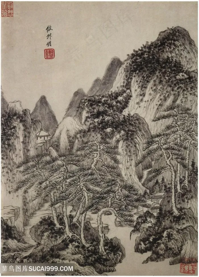画家巨然仿古画册仿叔明国画图片