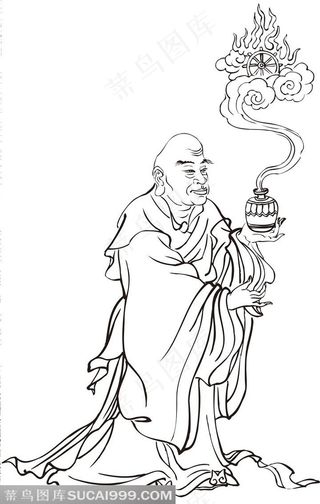 拿着神奇瓶子的僧人罗汉线描矢量PNG绘画图片