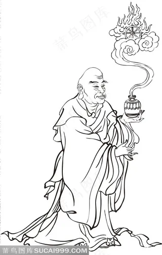 拿着神奇瓶子的僧人罗汉线描矢量PNG绘画图片