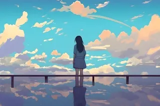 天空彩虹白云毕业的女孩插画背景