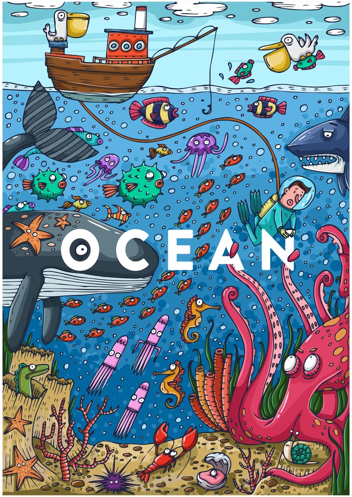 海底世界钓鱼潜水八爪鱼鲸鱼cdr矢量模版下载