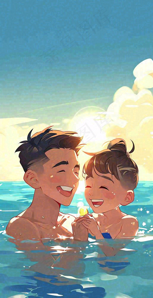 夏天父子游泳泳池蓝天白云清新手绘插画(784x1520)