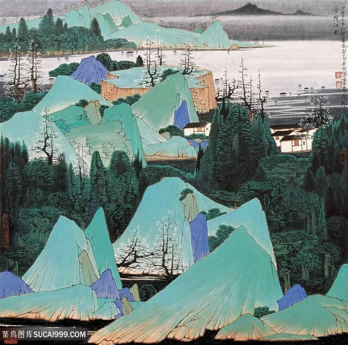 薛亮水墨画巍峨山脉湖畔美景装饰画国画图片