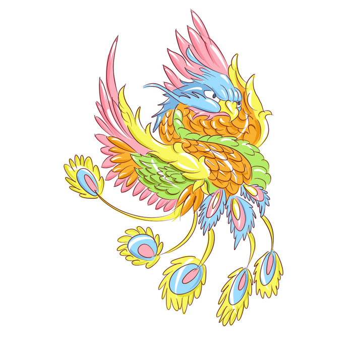 手绘国潮中国风神龙凤凰卡通形象插画装饰元素图案PSD设计素材
