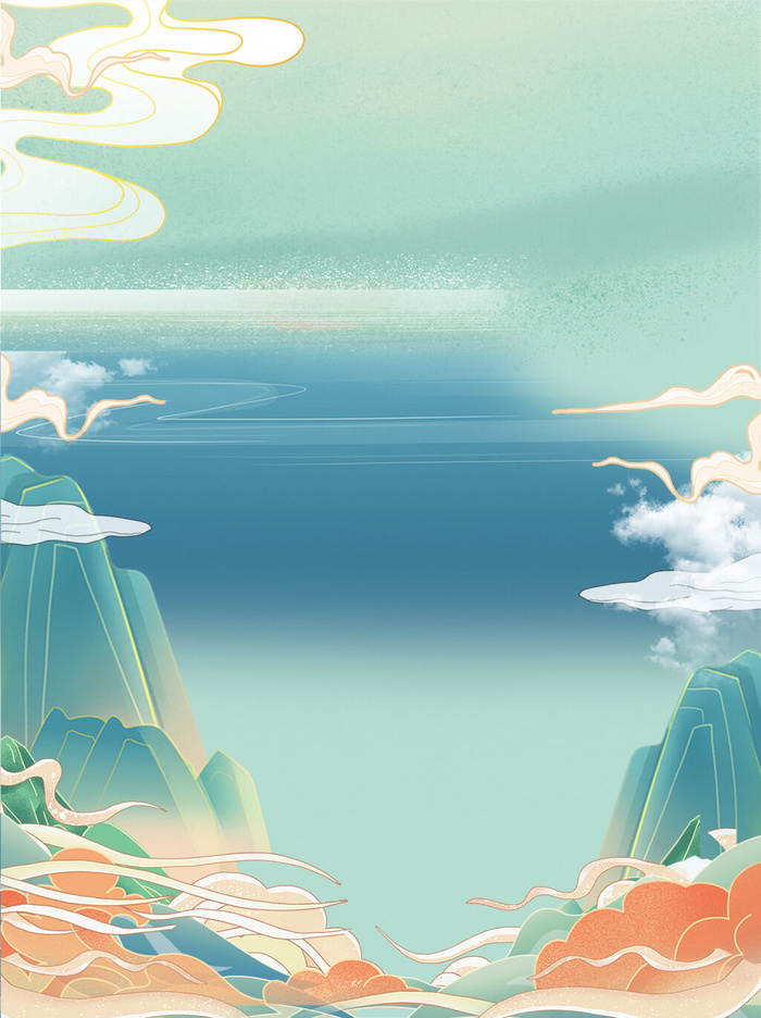 中国风国潮风山水祥云插画图案首页装修海报背景PSD设计模板素材