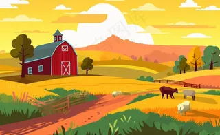 乡村村庄美丽风景河流插画农田插画背景