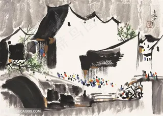 吴冠中手绘水墨房子湖畔美景装饰画