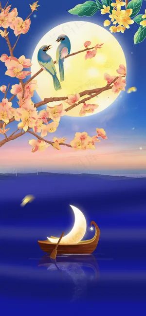 浪漫祥和花好月圆花鸟画背景图