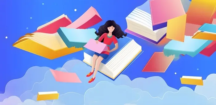 漫游作业的女孩学生天空卡通背景(3600x1761)
