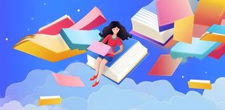 漫游作业的女孩学生天空卡通背景