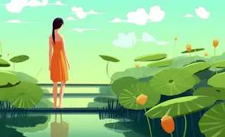 赏花荷叶睡莲女孩插画背景