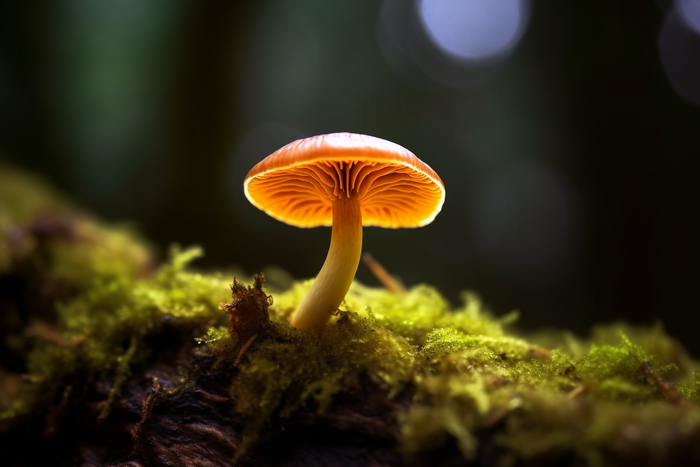 苔藓上生长着一个蘑菇细节特写摄影图