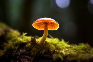 苔藓上生长着一个蘑菇细节特写摄影图