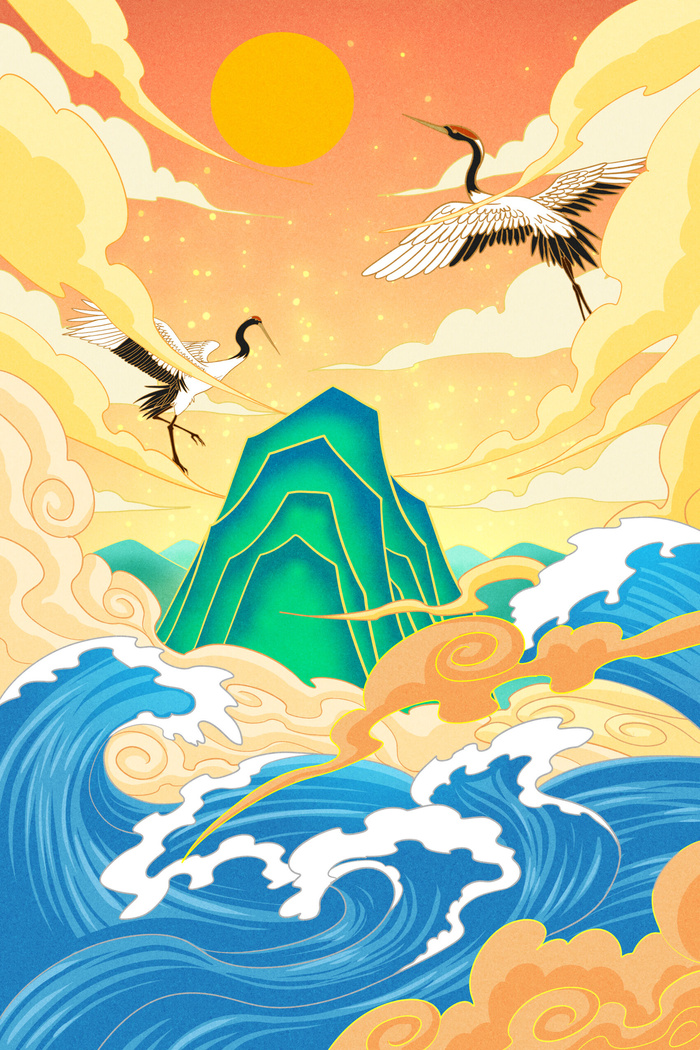 中国风国潮烫金仙鹤山水古建筑风景装饰插画背景PSD分层设计素材