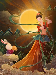 复古中国风国潮神话人物敦煌插画仙女手绘海报背景PSD设计素材