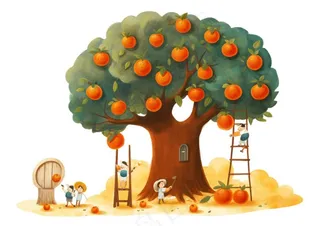 秋季爬梯摘水果的女孩橘子插画免抠