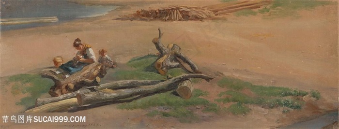 河岸上的女人和孩子油画