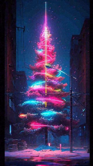 炫酷圣诞彩色缤纷圣诞树节日，夜晚街道建筑，暗黑