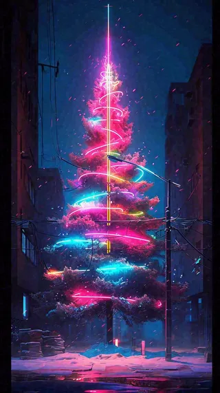 炫酷圣诞彩色缤纷圣诞树节日，夜晚街道建筑，暗黑