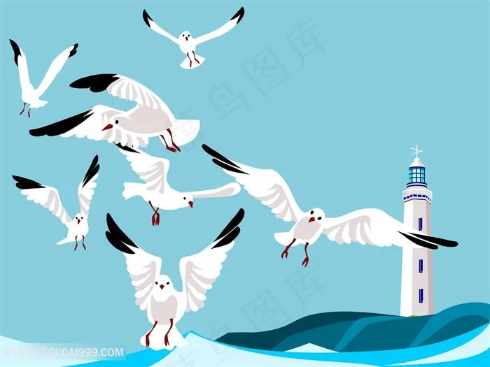海边海鸥灯塔卡通图片