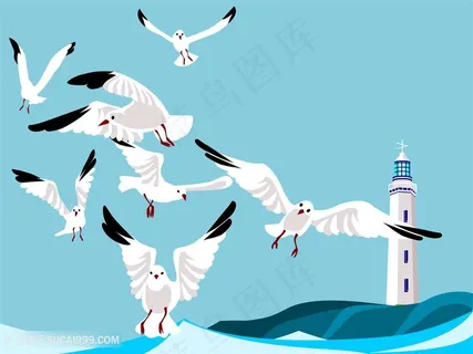 海边海鸥灯塔卡通图片