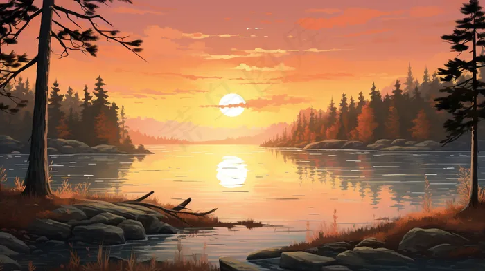 秋季夕阳下的森林湖泊倒映插画素材背景(4368x2448)