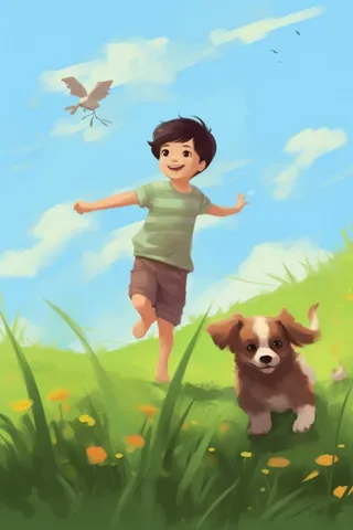 草坪儿童小狗玩耍蝴蝶插画背景