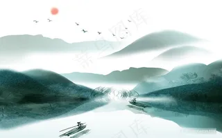 巍峨山脉水墨湖畔风景画