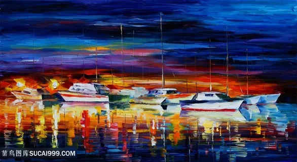 湖畔船黄昏美景插画装饰画