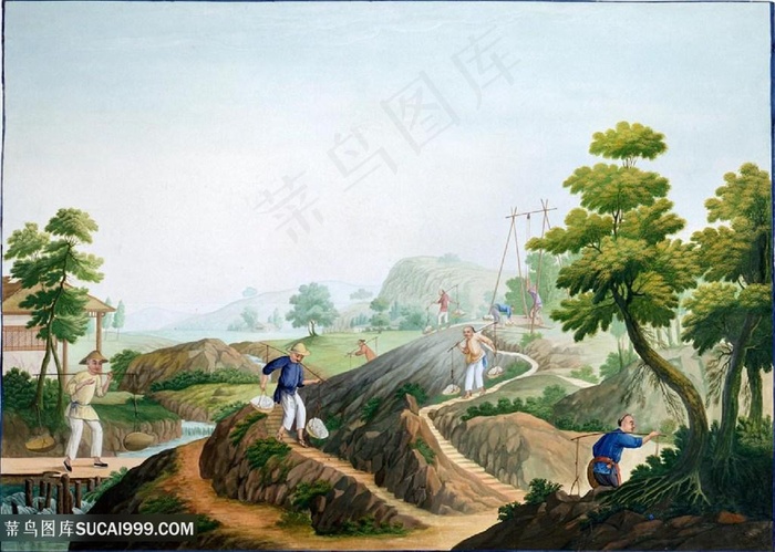 古代扛纱集市贸易场景绘画图片