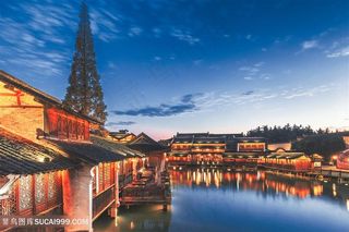 乌镇日落晚霞夜景