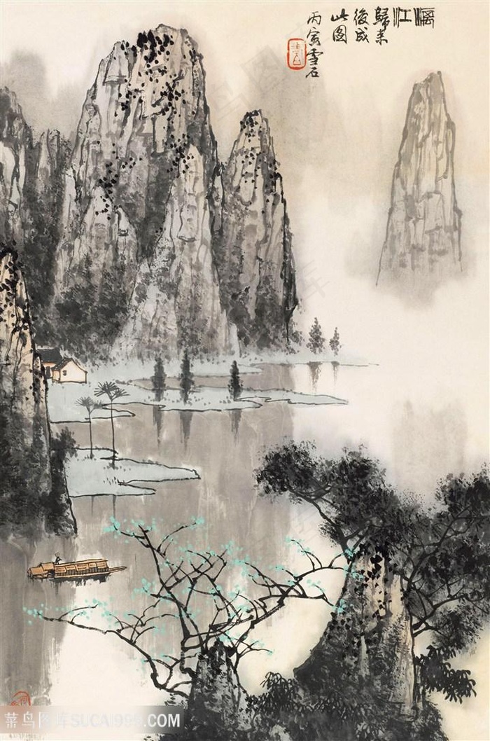 白雪石水墨山脉湖畔美景艺术挂画