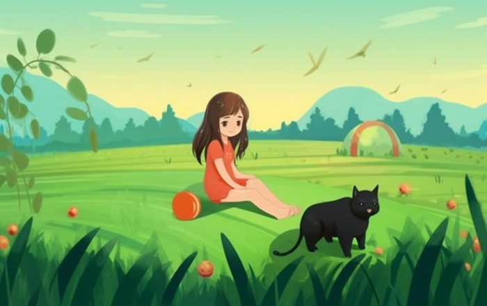 坐着草地上的女孩和猫插画背景(1376x864)