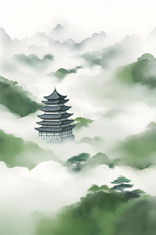 绿色山脉国风建筑云层背景(2400x3600)