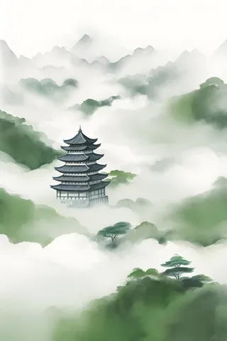 绿色山脉国风建筑云层背景