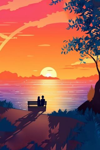 夕阳晚霞日楼情侣剪影橘红背景