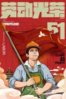 五一劳动节插画国潮风劳动最光荣51海报