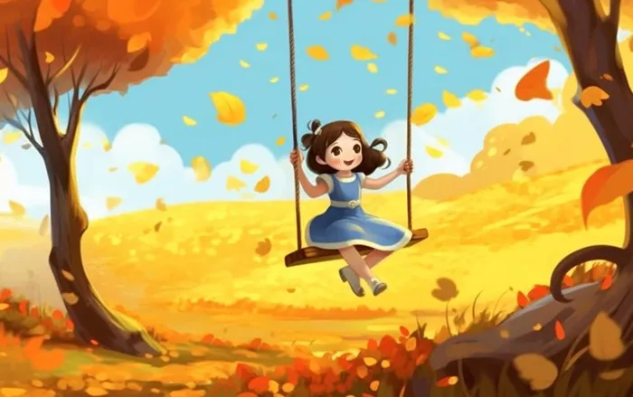 秋天女孩在树上荡秋千黄色落叶插画背景(1376x864)