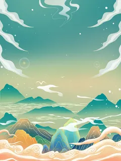 中国风国潮风山水祥云插画图案首页装修海报背景PSD设计模板素材