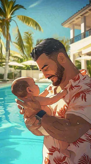 夏日泳池父爱父亲节家庭游泳，蓝天阳光，大暑小暑暑期